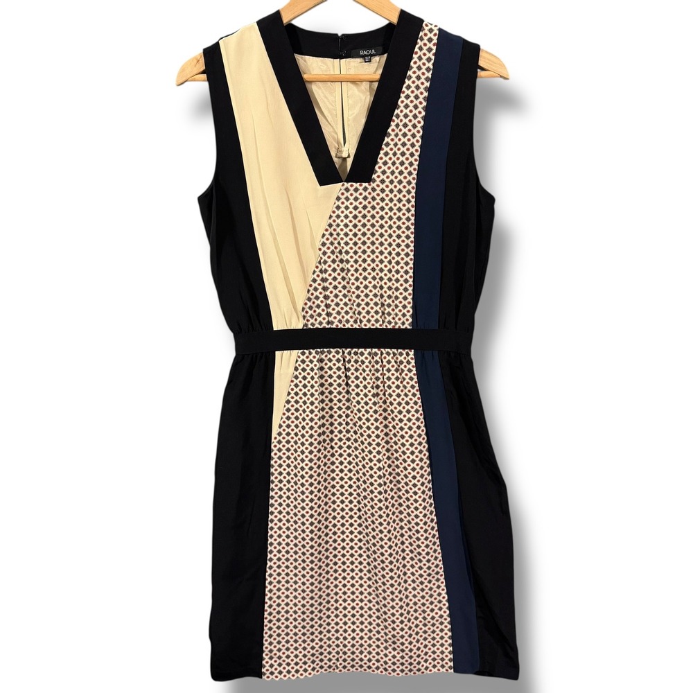 Raoul Colorblock Silk Sheath V Neck Midi Dress Size 4